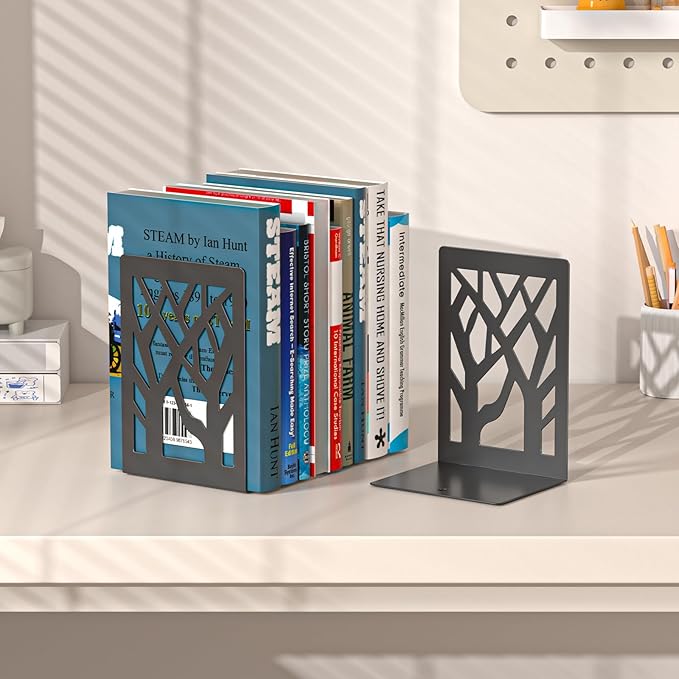 VFINE 4-Piece Modern Metal Bookends for Shelves, Black Tree Book Ends for Books, Decorative Book Organizer for Desk, Non-Skid Shelve Bookends for Home Office