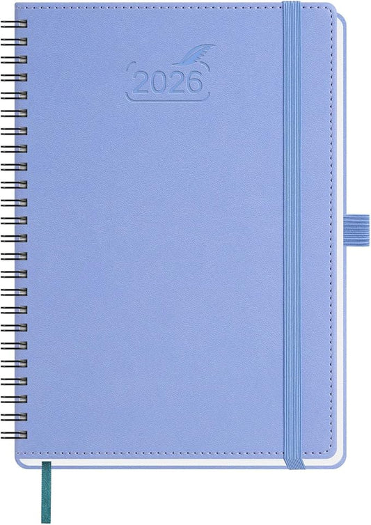 BEZEND 2026 Planner Weekly and Monthly (6" x 8.5" Spiral) Daily Calendar with Half-Hourly Timeslots & Tabs (Jan-Dec) Note & Expenses, Pen Holder, Inner Pocket, Vegan Leather Softcover - Cornflower