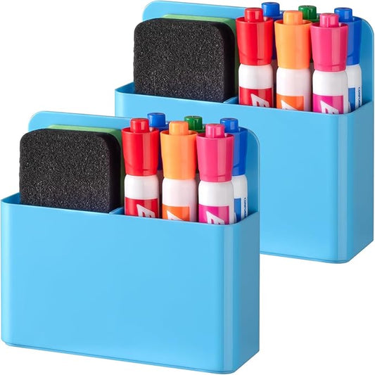 BEYGORM 2 Pack Plastic Magnetic Pen Holder for Refrigerator, Dry Erase Marker Holder for Whiteboard，Magnet School Locker Organizer Accessories, Pencil Cup, Pen Caddy, Classroom Organization(Blue)