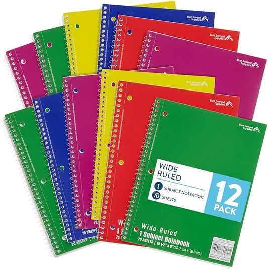 Blue Summit Wide Ruled Spiral Notebook, 1 Subject Spiral Notebook Wide Ruled, Paper School Notebooks Bulk, 12 Pack