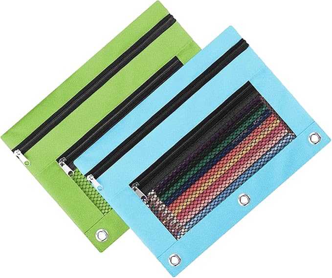 Pencil Pouch, 3 Ring Binder Pencil Bag with Large Capacity, Zipper Pulls Double Pockets Pencil Case with 3 Binder Hole and Mesh Window (Light Blue and Green)