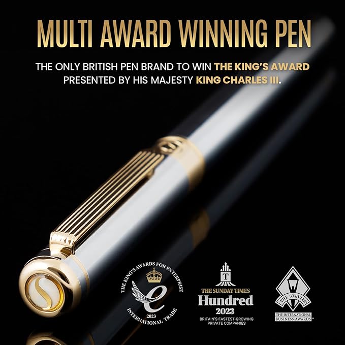 Scriveiner Silver Chrome Rollerball Pen - Stunning Luxury Pen, Real Gold Plating, Schmidt Ink Refill, Best Roller Ball Pen Gift Set for Men & Women, Professional, Executive Office, Fancy Pens