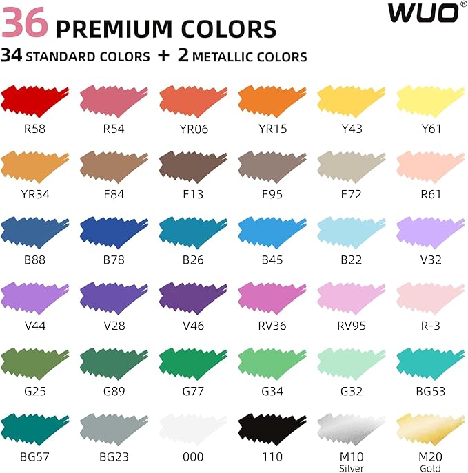 WUO 36 Colors Acrylic Paint Markers (2 Metallic), Automatic Ink Control Brush Tip for Multi-Surface Acrylic Paint Pens for Rock Painting, Wood, Canvas, Glass, DIY Art