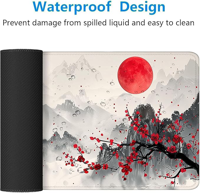 Watercolor Cherry Blossom Gaming Mouse Pad - Chinese Ink Painting Mountain Desk Mat With Stitched Edge Non-Slip Base for Office Computer Keyboard Laptop Home 31.5"x11.8"