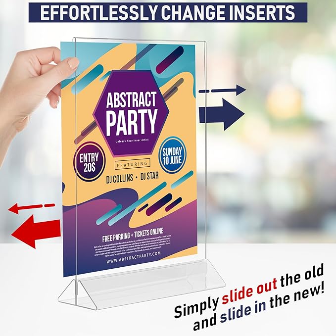 Acrylic Sign Holder 8.5 x 11, T-Shape Menu Holder with Bottom-Loading Design, Plastic Stands for Brochures, Flyers, Menus, and Displays. Double-Sided Display Stand for Tabletop Signs and More (6 Pack)