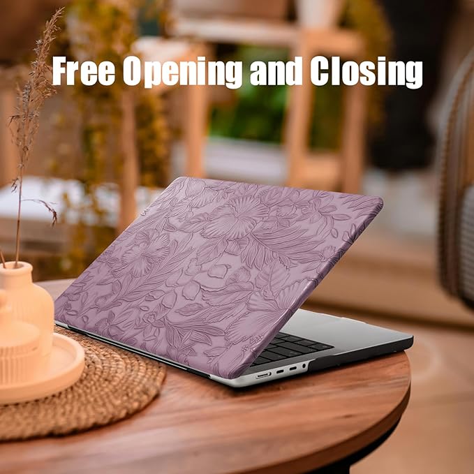 DTangLsm Compatible for MacBook Air 15 inch Case 2025 2024 2023 Release M4 M3 M2 A3241 A3114 A2941, Elegant Textured Retro Leather Case for MacBook Air M4 15 in + Keyboard Cover, Lilac Embossed Floral