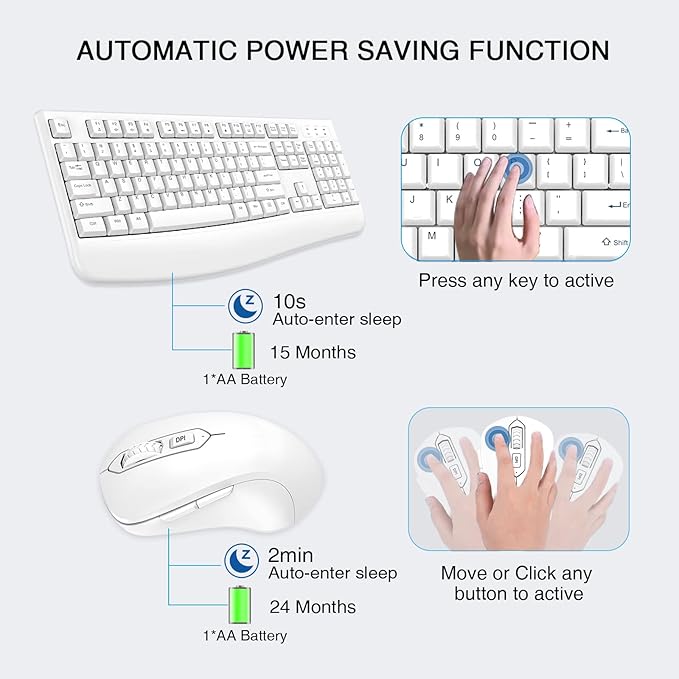 Wireless Keyboard and Mouse Combo, Full-Sized 2.4GHz Wireless Keyboard with Comfortable Palm Rest and Optical Mouse for Windows, Mac OS PC/Desktops/Computer/Laptops (White)