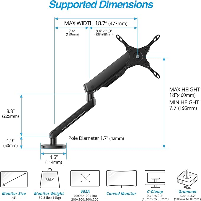 AVLT Single 27”-45” RGB Gaming Monitor Arm Desk Mount Built-in 20 Lighting Modes Touch Button Control Fits Flat/Curved/Ultrawide Screen Height Swivel Tilt Rotation Adjustable Stand -Black