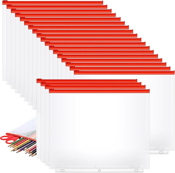 40 Pieces Binder Pockets 3 Hole Zipper Pouch 3 Ring A4 Pockets with Zipper Binder Folders Plastic Pouches Loose Leaf Bags Waterproof PVC Document Filing Bag(Red,A4)