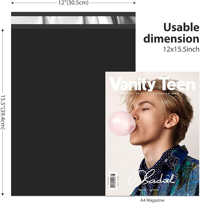 Fuxury 2000 Pcs 12x15.5" Poly Mailers,Waterproof Mailing Envelopes for Clothing, Strong Adhesive Poly Shipping Postage Bags for Small Business(Black)