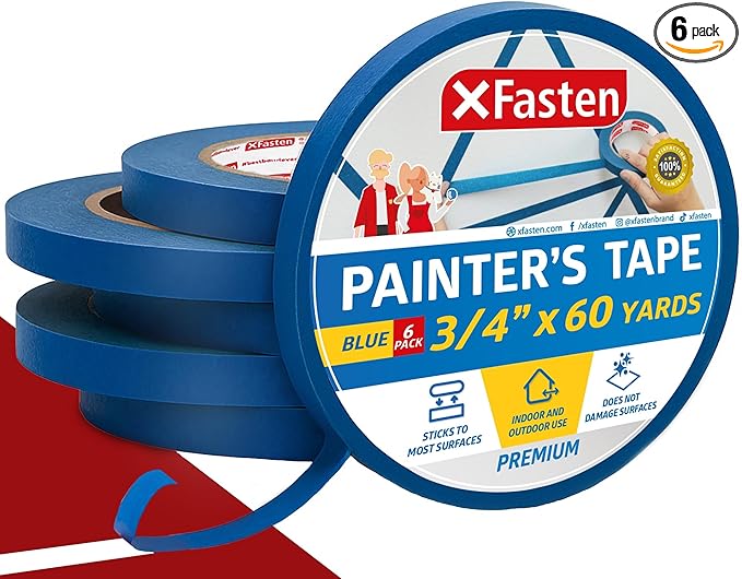 XFasten Blue Painters Tape 3/4 Inch Wide x 60 Yards 6-Pack, UV Residue-Free Blue Masking Tape for Clean Lines, Indoor and Outdoor Multi-Surface Use - Sharp Paint Lines for Walls, No Mess Easy Removal
