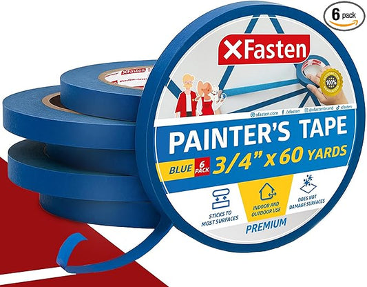 XFasten Blue Painters Tape 3/4 Inch Wide x 60 Yards 6-Pack, UV Residue-Free Blue Masking Tape for Clean Lines, Indoor and Outdoor Multi-Surface Use - Sharp Paint Lines for Walls, No Mess Easy Removal