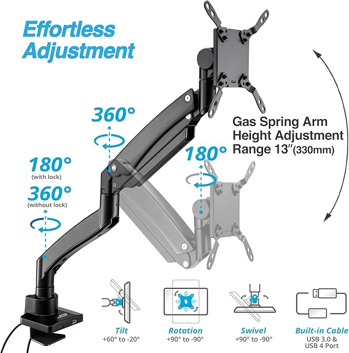 AVLT Single 17"-57" Super Ultrawide Monitor Arm for Screens Up to 59.5 lbs, Premium Aluminum Desk Stand, Adjustable Pneumatic Height, Full Motion Swivel Tilt Rotation, USB-C & USB-A Ports, Black