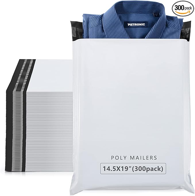 Metronic 300 Pcs Shipping Bags 14.5x19, Large Poly Mailers for Small Business Supplies, White Poly Bags for Clothing Packing Supplies, Strong Adhensive Self Seal Mailing Packing Bags Postal Bags