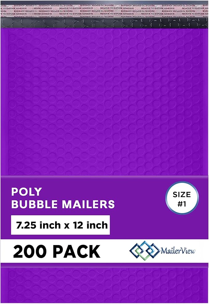 Purple Poly Bubble Mailers 7.25x12 inch #1 | Self Seal Padded Envelopes | Cushioned Bubble Mailer | Usable Size 7.25x11 | WaterProof | Lightweight mailing Shipping Bags | 200 Pack Bulk