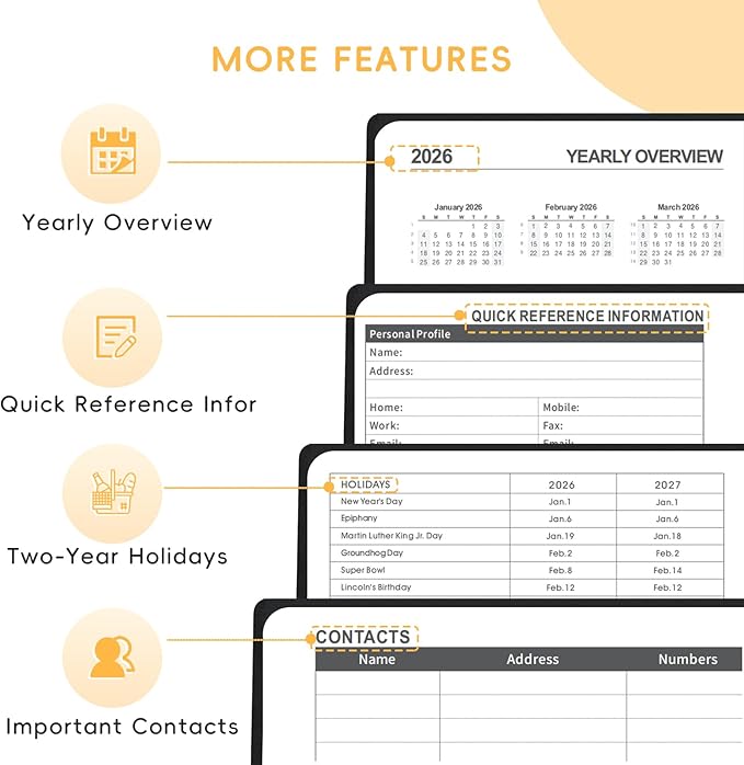 2026 Planner, A5 (5.6"x 8.5") Planner 2026 Jan-Dec, Monthly/Weekly/Daily Tabs with Contacts & Holidays, PU Leather Cover & 100gsm Paper, Organizer for School and Business Supplies (Black)