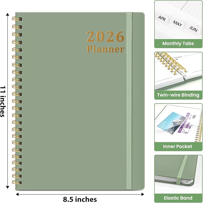 2026 Planner, Weekly and Monthly Calendar Planner, January 2026 - December 2026, Hardcover 2026 Calendar Planner Book with Tabs For Women & Men, Inner Pocket, Spiral Bound, Perfect for Office Home School Supplies - A4 (8.5" x 11"), Green