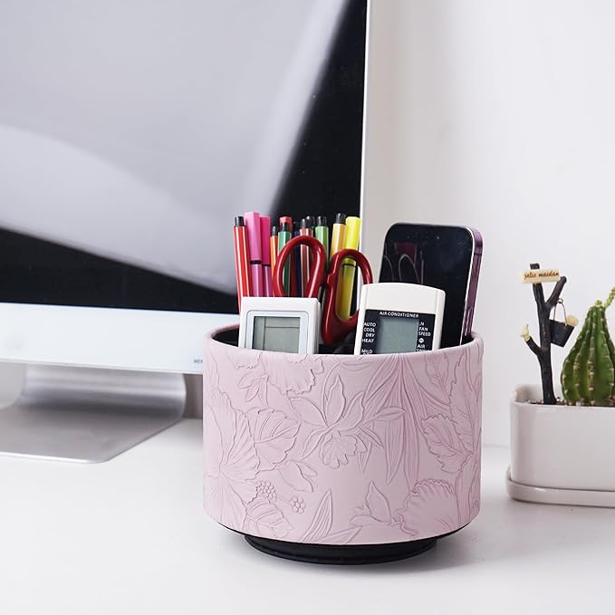 Hennaja Round Leather Art Supply Organizer,Remote Control Holder,360 Degree Spinning,Multi-Functional Pencil Holder,4 Compartments Desktop Stationary Organizer(1-Carved Purple)