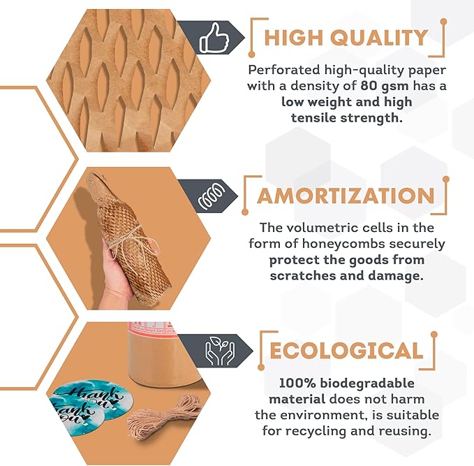 Brown Honeycomb Packing Paper for Moving Breakables, 15 Inch x 100 Feet. Fragile Shipping Supplies. Perforated Packing Materials for Fragile Items. Moving Paper Wrap. Eco Friendly Packaging