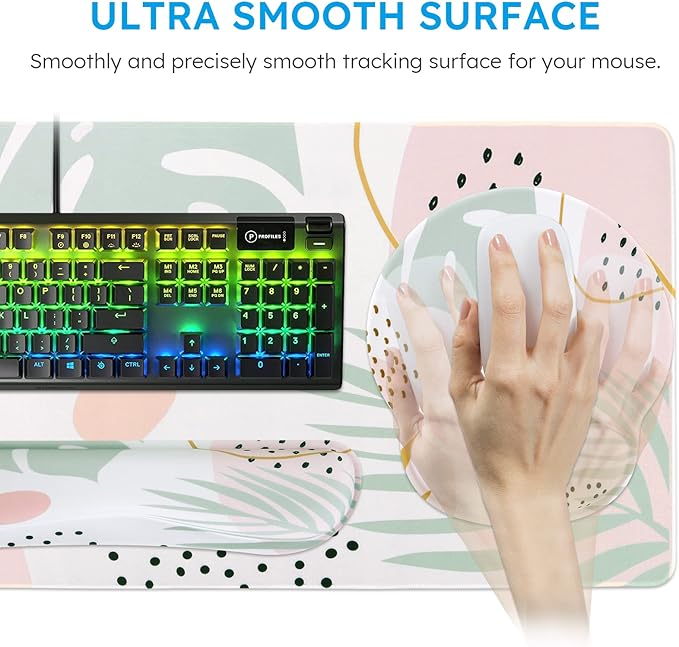 iCasso Desk Mat, Gaming Mouse Pad Wrist Support Set,4in1 XXL Large Mousepad + Keyboard Wrist Rest+Mouse Wrist Rest+Coaster Set with Ergonomic Design for Home Office Table Computer-Morandi