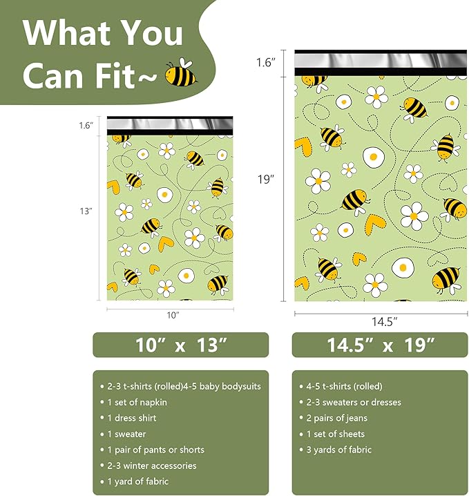 Poly Mailers 14.5x19 Inch 50 Pcs - Bee printed Shipping Bags, 2.4mil Thickness, Waterproof and Tear Resistant Mailing Envelopes, Self-Sealing Packaging Bags for Small Business