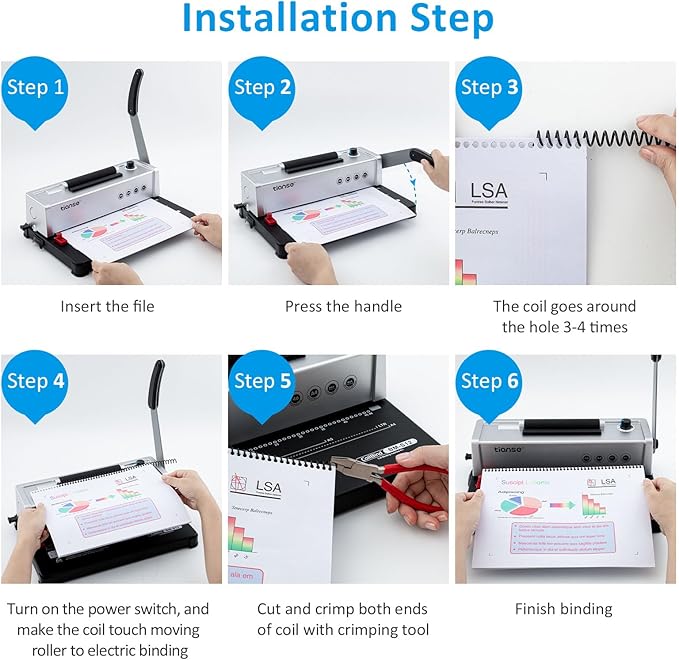 TIANSE Binding Machine, Spiral Coil Binder Machine, Manual Book Maker Punch Binder with Electric Coil Inserter,Suit for Letter Size / A4 / A5 with 100pcs 5/16'' Plastic Coil Binding Spines & Plier