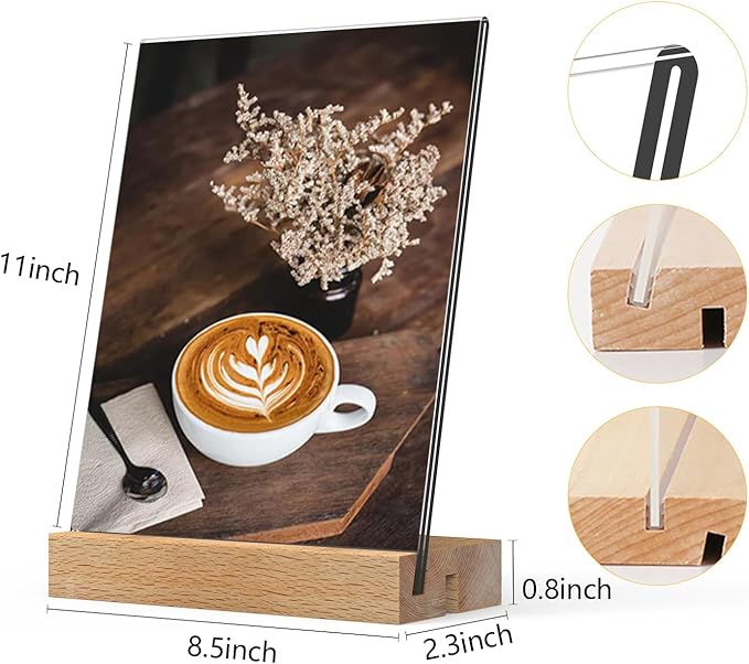 3 Pack Acrylic Sign Holder 8.5x11 with Wood Base L/T Shape 2 in 1 Acrylic Frame Wood Sign Holder Display Stand for Restaurant, Wedding, Office