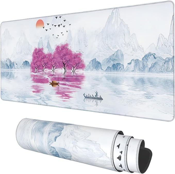 Desk Mat, Cherry Blossom Tree Oil Ink Painting Extended Gaming Mouse Pad Large, 35.4"x15.7" Big Mouse Pad with Non-Slip Base and Stitched Edge, Long Computer Keyboard Mouse Mat for Home Office Work