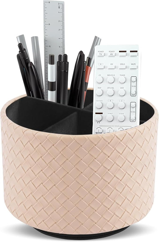 Hennaja Round Leather Art Supply Organizer,Remote Control Holder,360 Degree Spinning,Multi-Functional Pencil Holder,4 Compartments Desktop Stationary Organizer(1-Weave Khaki)