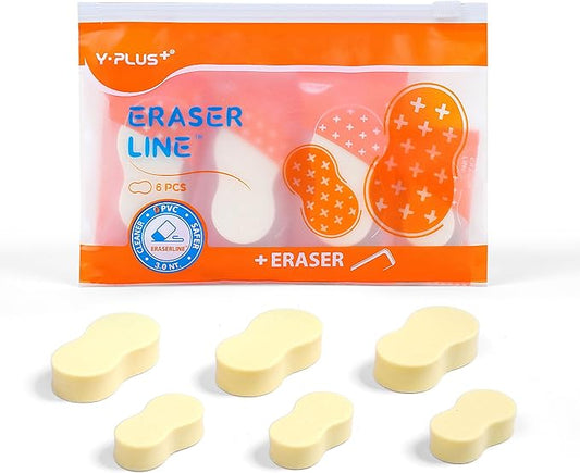 Yplus Eraser Line - Hipolymer Pencil Erasers for School Office, Cute White Rubber Eraser for Kids, Artist No Residues, 6 Pcs Stocking Stuffers for Kids Toddler