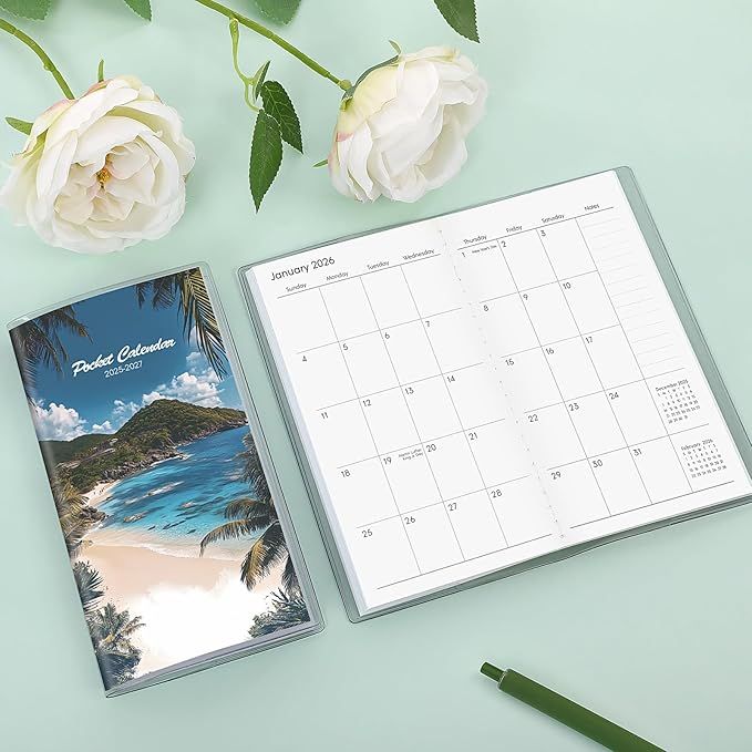 Pocket Calendar 2025-2027, Small Monthly Planner 2025-2027 - 3.7" x 6.7" - Runs from July 2025 Until December 2027, Pocket Calendar 2026 with Beach Cover for Planning