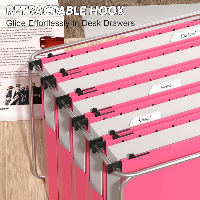 Plastic Hanging File Folders Expanding,12 Pack Extra Capacity Hanging File Folder Letter Size,2 Inch Expansion Heavy Duty Folders,Adjustable Tabs,Pink Hanging Folders Designed for Bulky Files