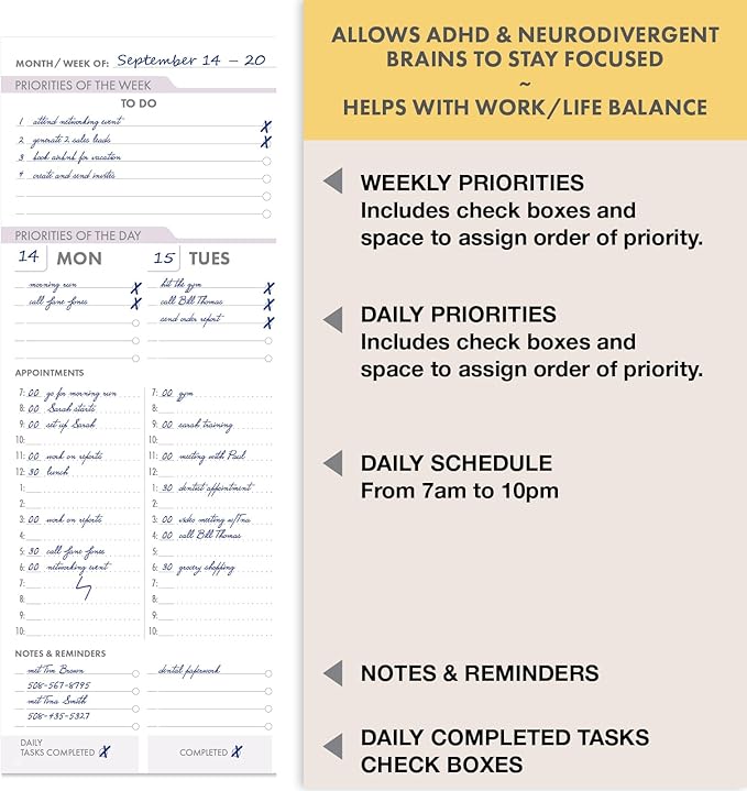 DELUXE ESSENTIAL PRO Undated Daily, Weekly & Monthly Planner,Monthly Tabs,Daily Tracking,Notes Pages,Storage Pocket,Bookmark w Sticky Notes (Black)