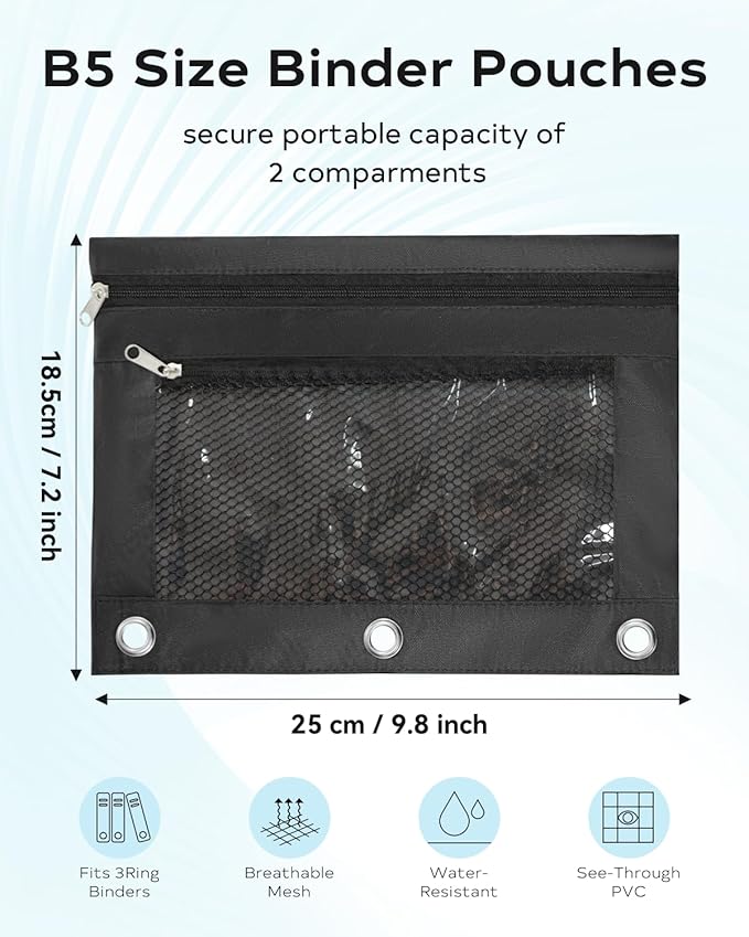 Pencil Pouch for 3 Ring Binder - Small Zipper Pen Case, Black Pencil Pouches for Boys Kids, School Supplies, 3 Hole Nylon Pencil Bag Accessories Clear Window Aesthetic Organizer