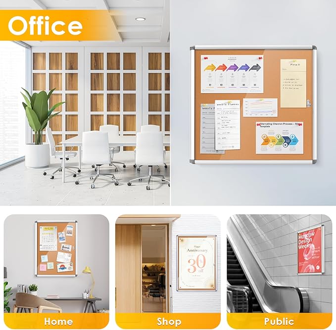 S SWANCROWN Enclosed Bulletin Board 24x18 in, Tamperproof Lockable Cork Board Wall Display Case for Office School Home, Aluminum Frame