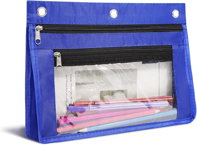 YoeeJob 1 Pack Pencil Pouch for 3 Ring Binder, Expandable Binder Pouches with Zipper, Large Capacity Pen Holder Case with Clear Window School Class Office Organizers, Blue