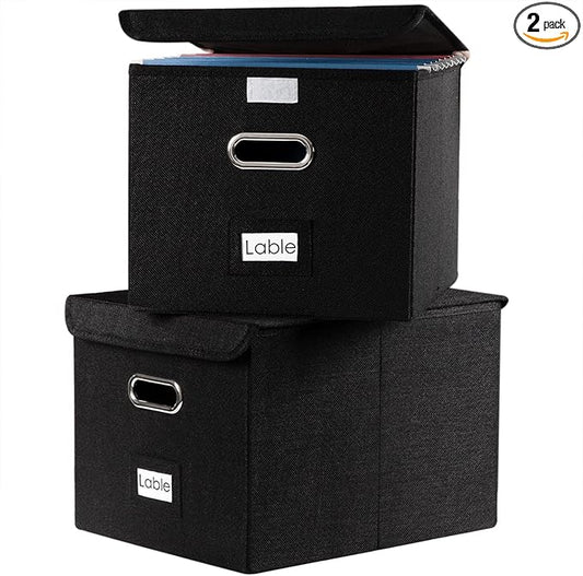 PRANDOM File Organizer Box - Set of 2 Collapsible Decorative Linen Filing Storage Hanging File Folders with Lids Office Cabinet Letter Size Black (15x12.2x10.75 inch)