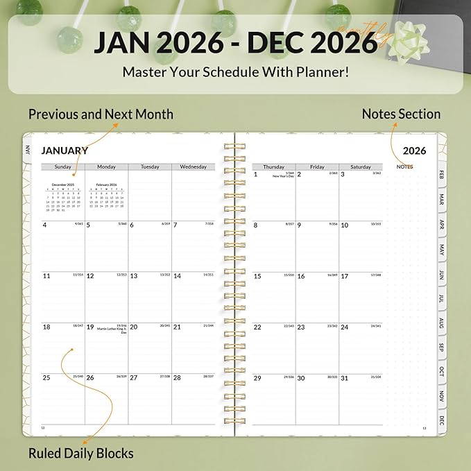 SUNEE Planner 2026 Weekly and Monthly, January 2026-December 2026, 6.4"x8.3", Tabs, Note Pages,Spiral Binding, Eucalyptus