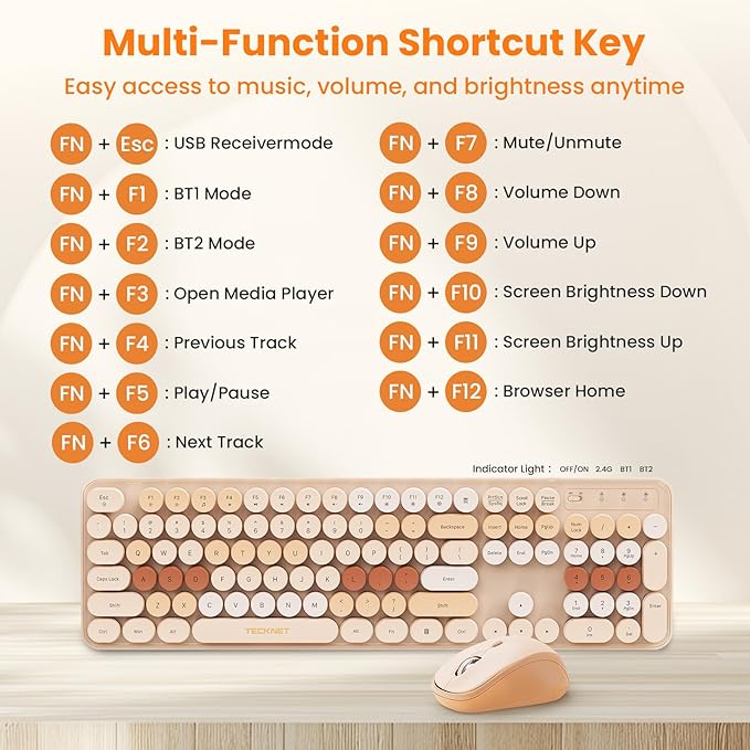 TECKNET Retro Typewriter Keyboard and Mouse Combo, Full Size 2.4G & Bluetooth Dual Mode Wireless Keyboard with Round Keycaps, Colorful Design, Ergonomic Adjustable Tilt, Spill-Resistant, for Windows