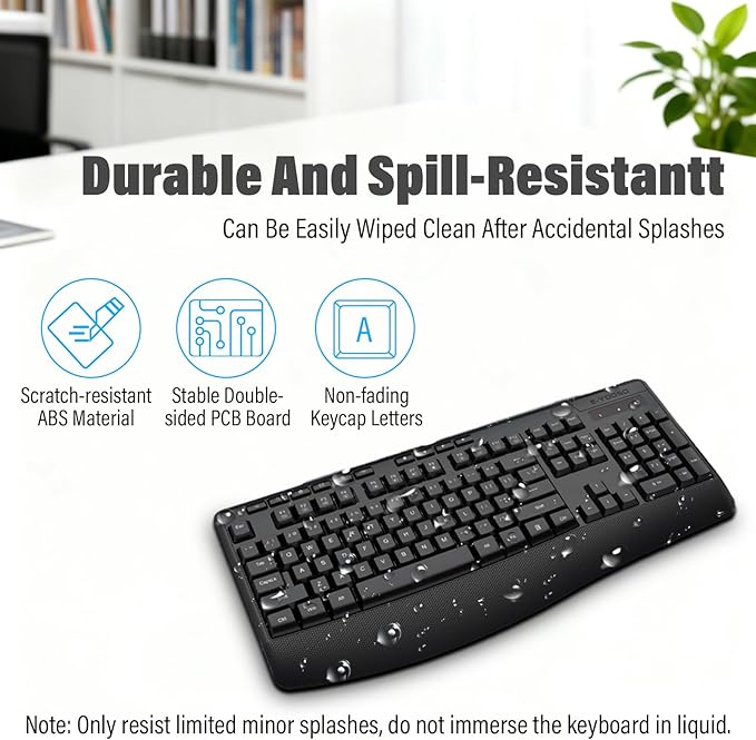 E-YOOSO Wireless Keyboard and Mouse Combo,Silent Soft Touch Quiet Keyboard Less Noise 90%,Ergonomic with Wrist Rest,2.4GHz 104 Keys Full Size,2400 DPI Mouse,for PC Computer/Laptop/Mac/Tablet,Black