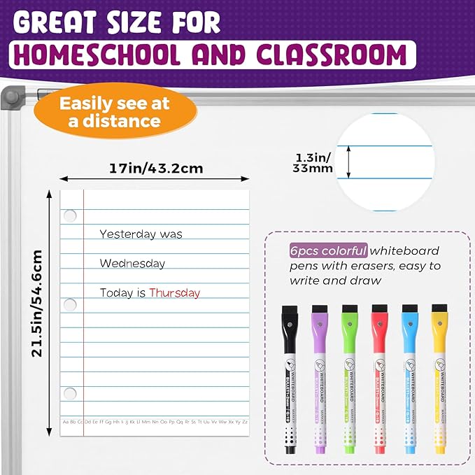 KIKIGOAL 21.5"x17" Magnetic Notebook Paper, Handwriting Lined for Classroom Whiteboard Accessories, Dry Erase Notebook Teaching Aids Homeschool Teaching Supplies