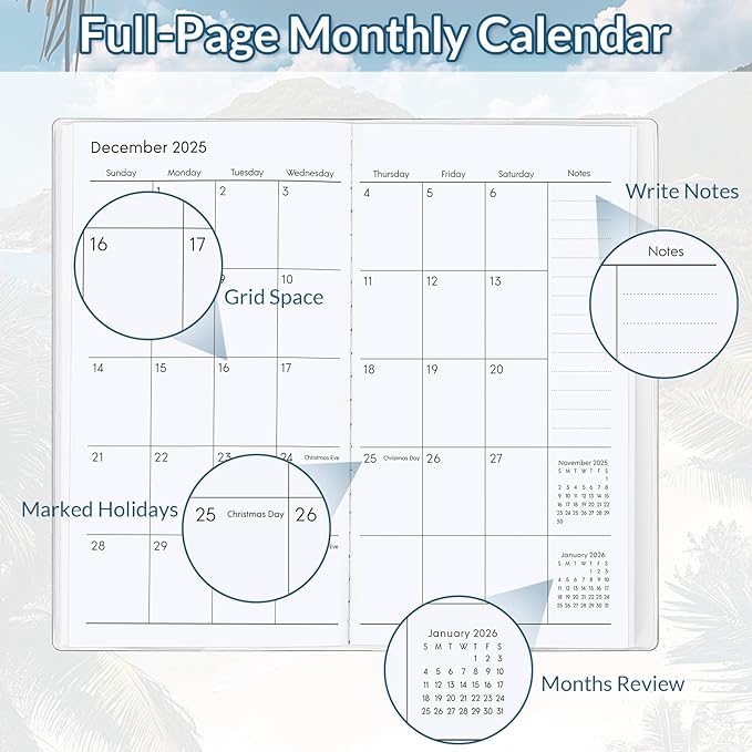 Pocket Calendar 2025-2027, Small Monthly Planner 2025-2027 - 3.7" x 6.7" - Runs from July 2025 Until December 2027, Pocket Calendar 2026 with Beach Cover for Planning