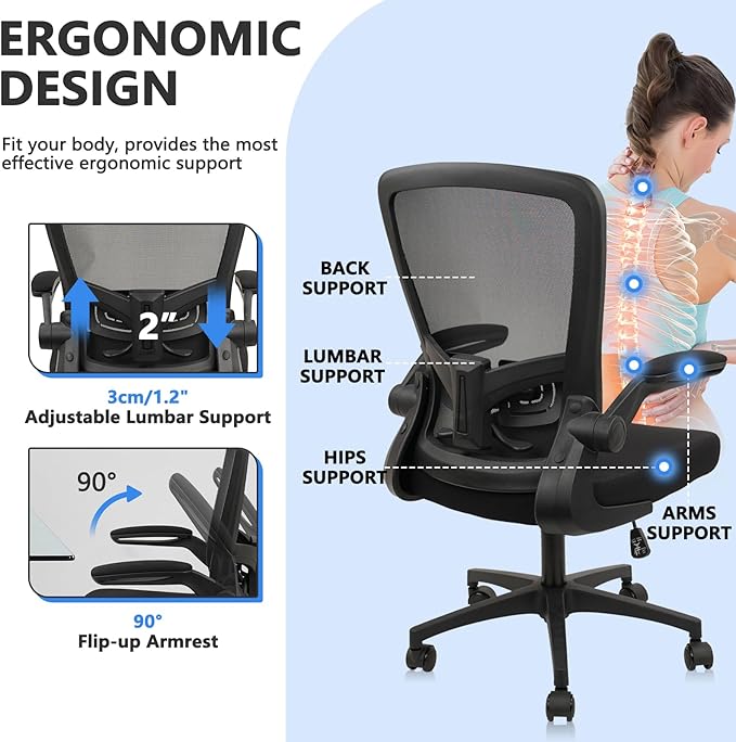 Office Desk Chairs with Wheels, Ergonomic Mesh Chair with Adjustable Height Lumbar Support, Rolling Swivel Computer Task Chair with Flip Up Armrests for Home, Study, Conference, Black (8PK)