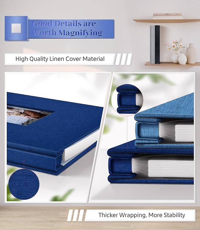 Photo Album Self Adhesive Scrapbook Album for 3x5 4x6 5x7 8x10 Pictures,40 Pages Linen Cover with Display Window DIY Photo Book,Ideal Gifts for Family Travel Wedding Baby