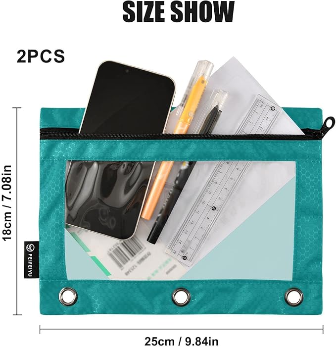 Gredecor Binder Pencil Pouch 3 Ring Dark Cyan Zipper Pencil Pouches Case 2 Pack Clear Binder Organizer for School Office