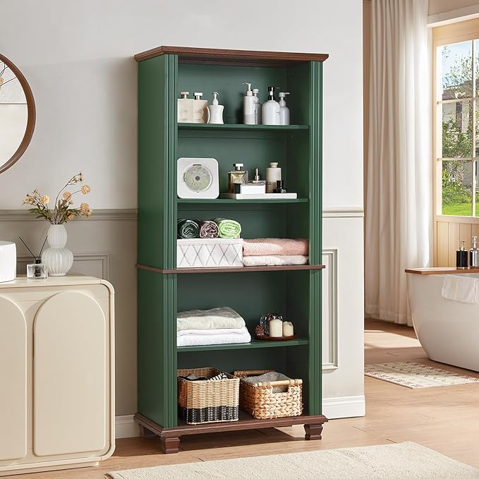 70" Tall Green Bookshelf,5 Tier Wooden Book Shelf with Adjustable Shelves & Wood Legs,Free Standing Farmhouse Bookcase with Open Display Storage,Vintage Bookshelves for Library, 3PCS