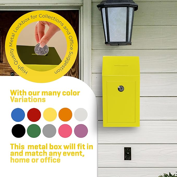Metal Donation Box-Suggestion Box with Slot and lock-Cash Lock box for Money-Secure Drop Box-Comment and ballot voting box-comes with pre-drilled holes for easy wall mounting 10 X 6 X 2.5"(Yellow)