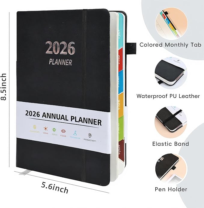 2026 Planner, A5 (5.6"x 8.5") Planner 2026 Jan-Dec, Monthly/Weekly/Daily Tabs with Contacts & Holidays, PU Leather Cover & 100gsm Paper, Organizer for School and Business Supplies (Black)