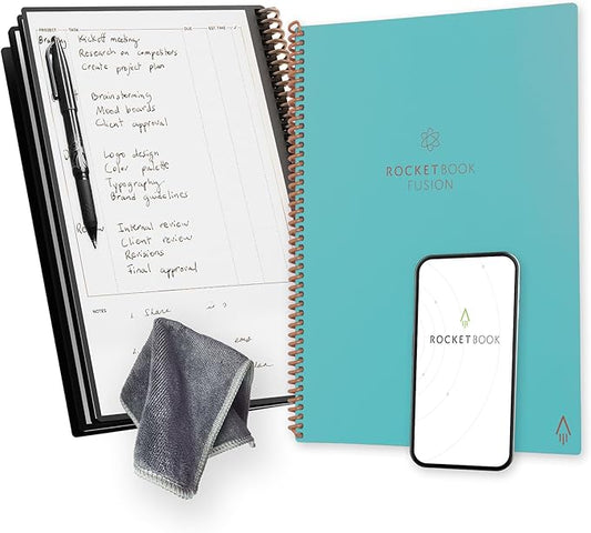 Rocketbook Fusion Reusable Undated Productivity Planner, Letter Size 8.5x11, Teal - Goals, Monthly and Weekly Calendar, Daily To-do List, Lined and Dotted Notes Pages
