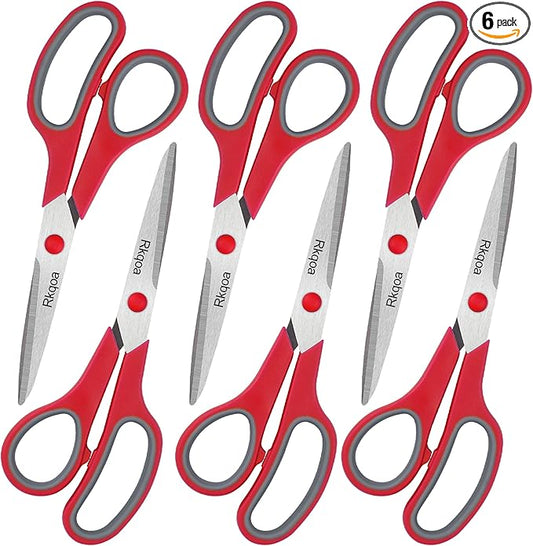 Red Scissors Bulk, Rkqoa 8" All Purpose Scissors Pack of 6- High Performance and Designed for Comfort and Cutting - Sharp to Cut but Soft to Hold. Perfect for Art, Crafts and the Office